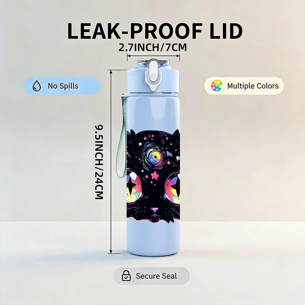 1PC Big Eyed Black Mystic Cat 750ml Color Plastic Sports Water Bottle Leakproof Flip Straw Lid Suitable for Sports Office Home Use