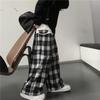 Women's Summer Loose Checkered Wide-Leg Pants - Black & White Plaid, High-Waist, Japanese Style