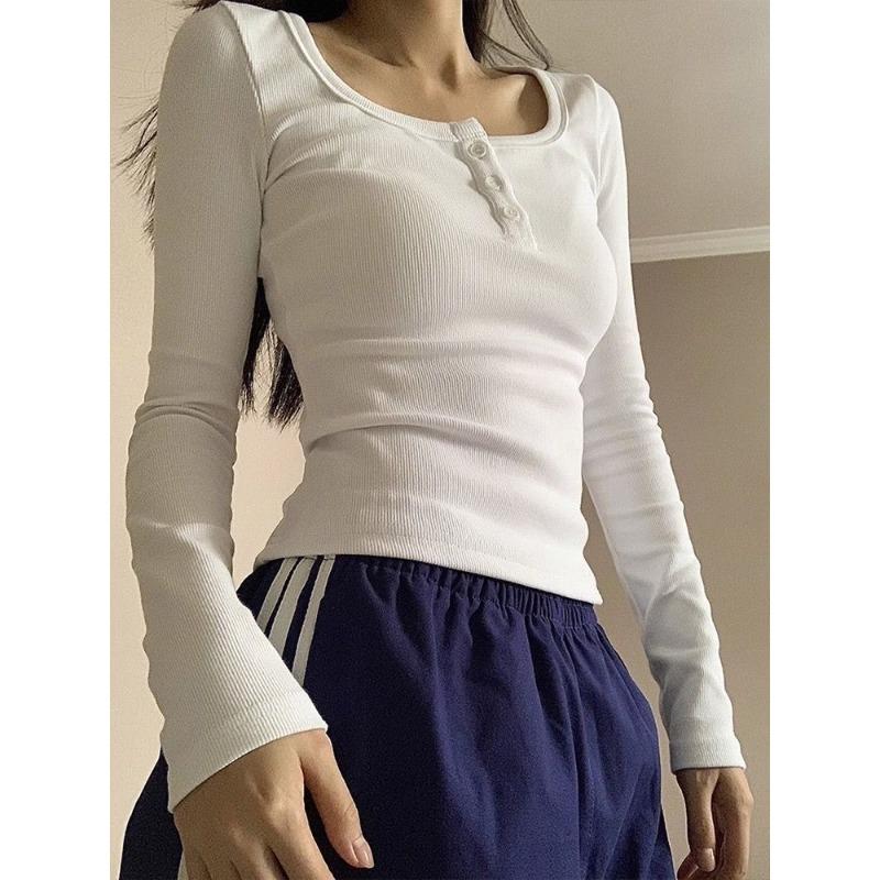 All-in-one Woolen Square Collar Shoulder T-shirt with Chest Pad Autumn and Winter Slim Long Sleeve with A Base Blouse Blouse Woman