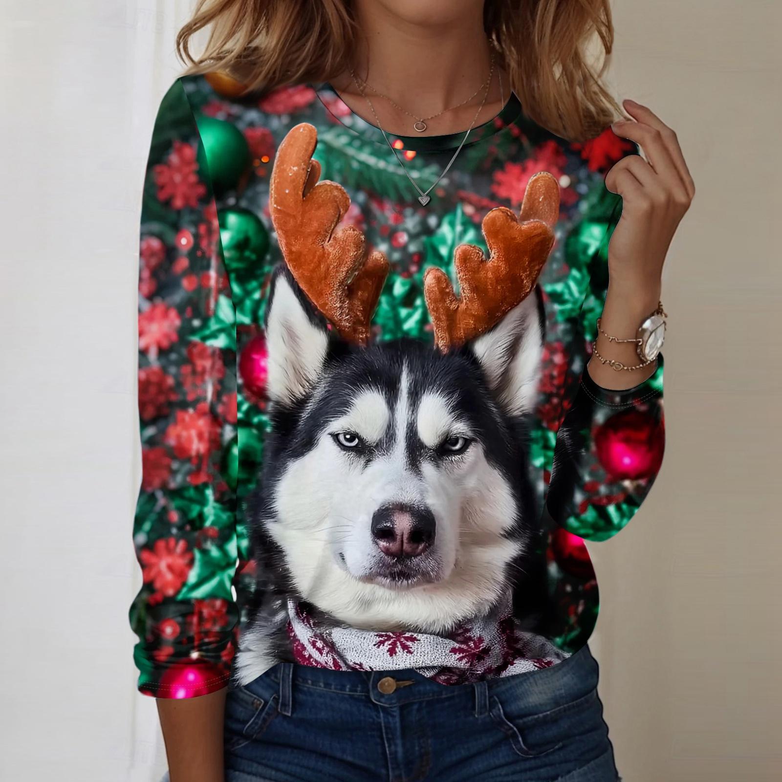

Women s Christmas Printed Round-neck Loose Long-sleeved Top L