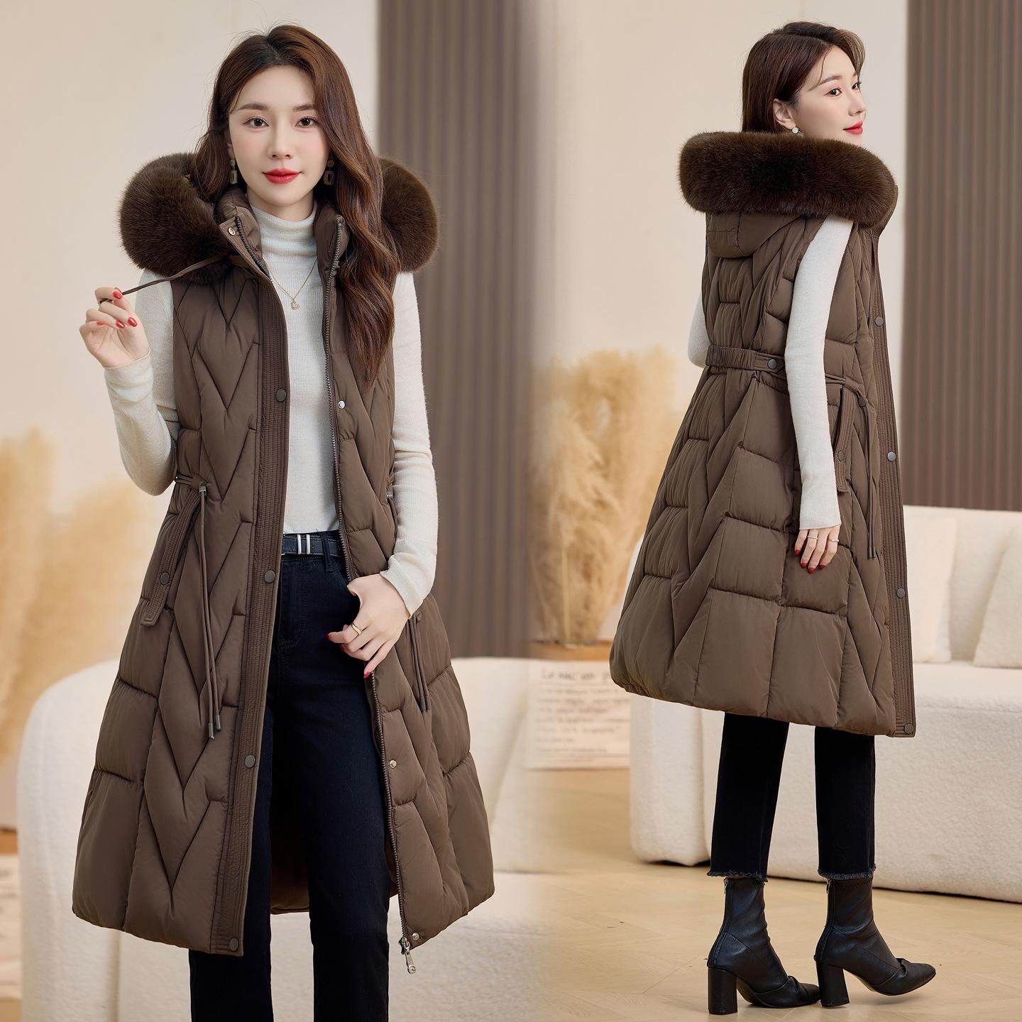 

Новая женская легкая майка без рукавов со съемным меховым воротником, капюшоном, утолщенная, теплая, спортивная и повседневная, свободная легкая куртка XXL темно-коричневого