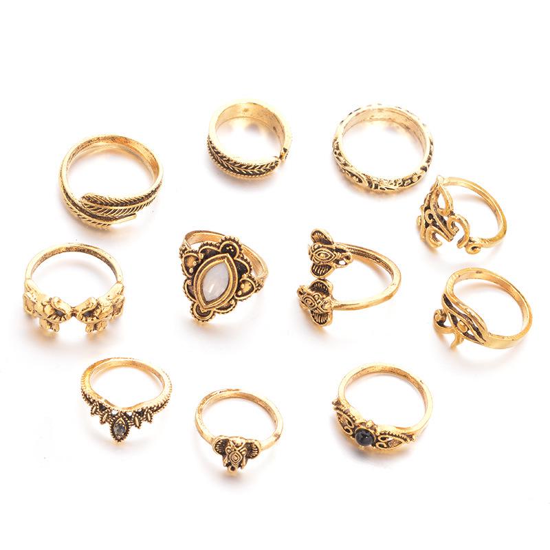 Retro Elephant Leaf 11-Piece European and American Ring Set