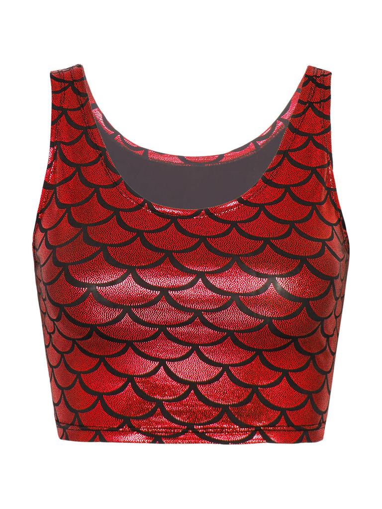 Womens Fish Scale Print Metallic Cropped Vest Top Sleeveless Scoop Neck Shiny Tank Top Clubwear Sports Yoga