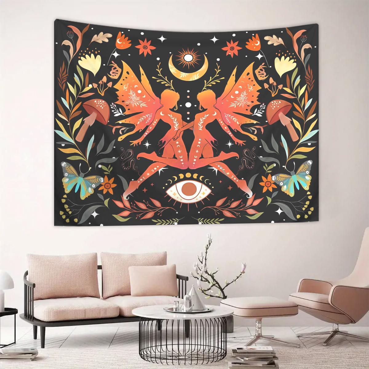 1pc Butterfly Flower Tapestry, Magic Elf Girl Mushroom Plant Tapestry, Starry Sky and Moon Bedroom Decoration Hanging Wall 100X70CM