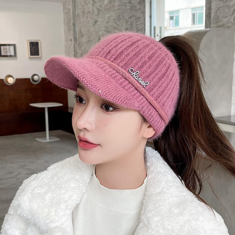 Autumn and winter versatile iron standard knitted rabbit wool hat women's fleece thickened warm ear protection duck tongue empty top hat