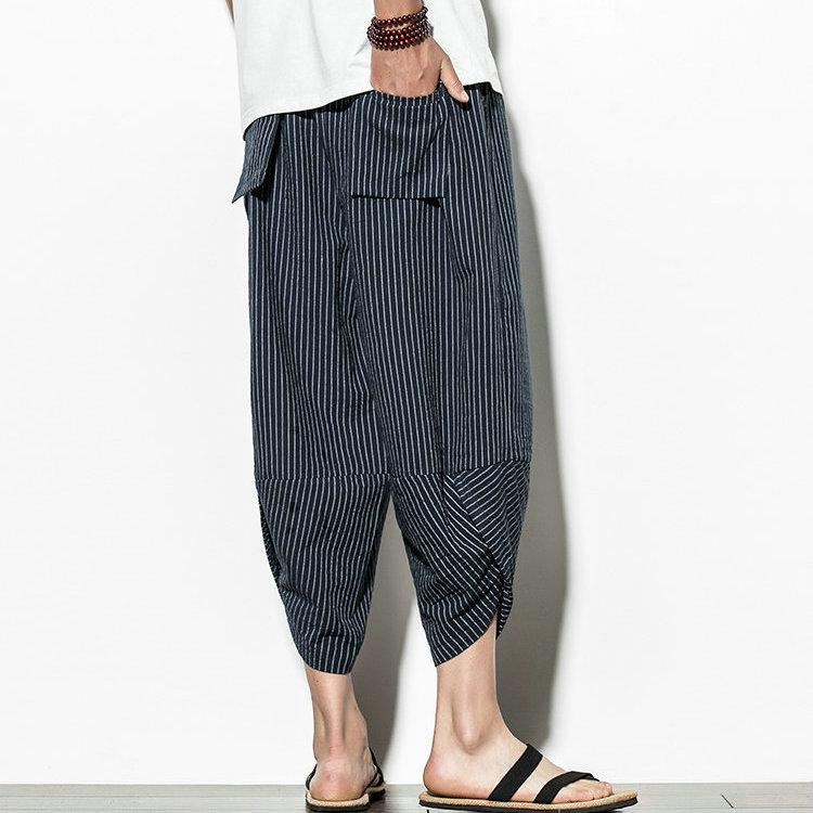 Harajuku Casual Wide Leg Harem Pants Men 2024 Summer Cotton Baggy Pants Striped Calf Length Trousers