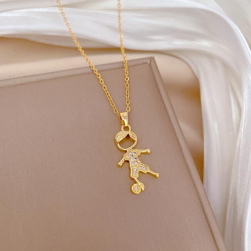 Football Little Boy Light Luxury Temperament Gorgeous Full Diamond Necklace Women'S Versatile Collarbone Chain Titanium Steel Chain