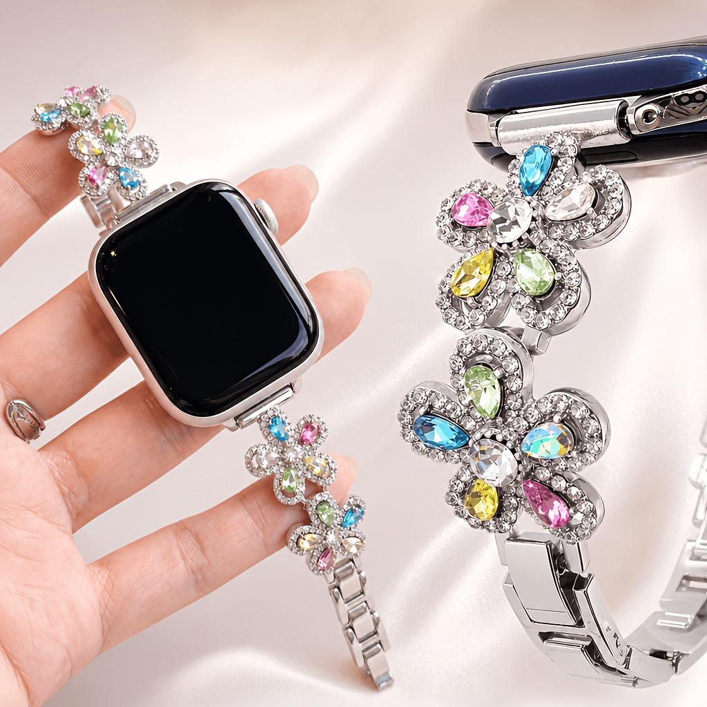 Flower Rhinestone Watch Strap for Apple Watch S1-11, Ultra 3-1, Samsung, Huawei 20/22mm