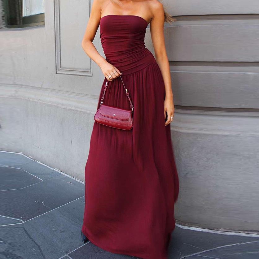 2026 European and American summer pure desire temperament elegant fashion sleeveless backless slim-fitting pleated tube top dress S