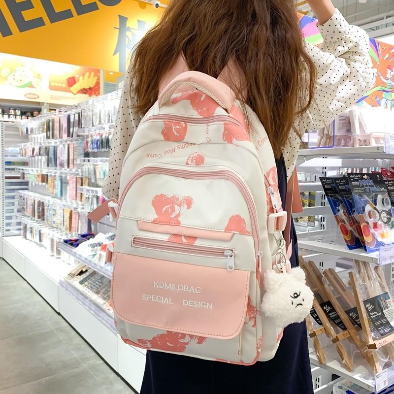 Schoolbag Korean version ins schoolbag female college student cute bear print backpack high school junior high school student large capacity backpack