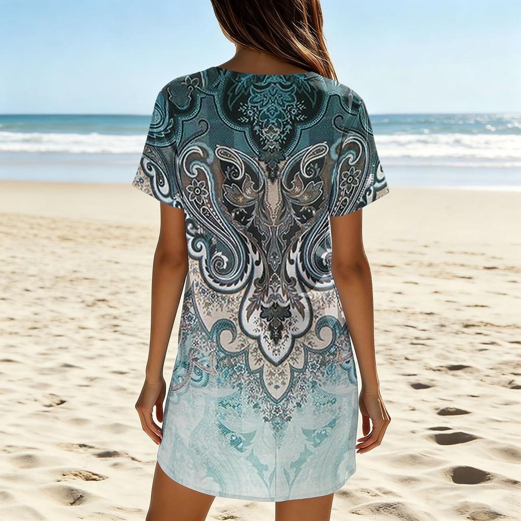 Women's Summer Casual Dress V Neck Short Sleeve Loose Fit Floral Print Lightweight Soft Fabric Beach Cover Up Tunic Dress