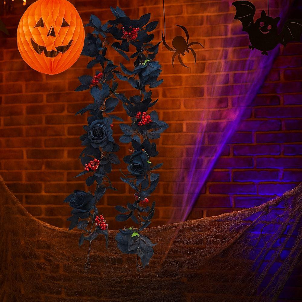Black Artificial Rose Vines 175cm Halloween Garland Halloween Rose Leaf Vines  Table Centerpiece