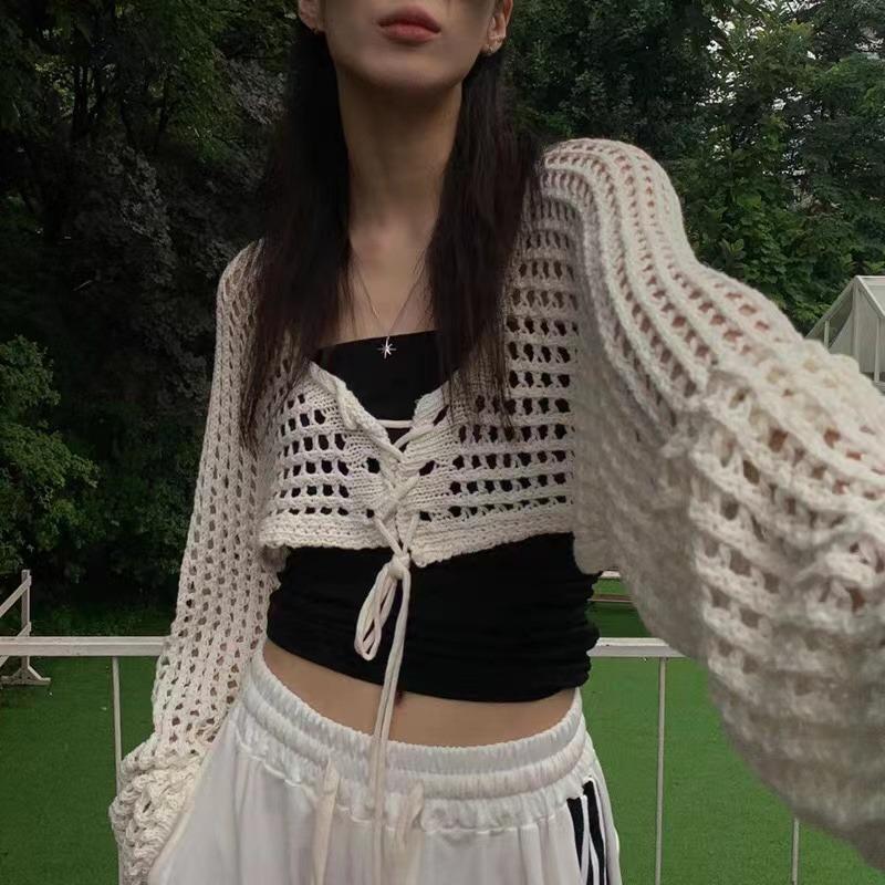 

Вязаный крючком кардиган женский с длинным рукавом завязка спереди ажурный сетчатый топ летний пляжный бикини накидка Y2K эстетический наряд 90-х One Size бежевый