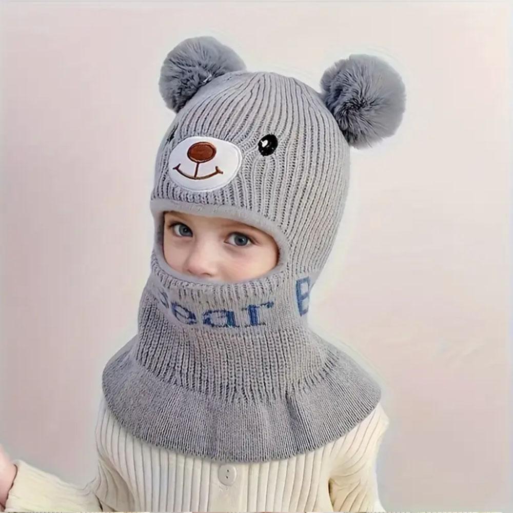 1-8Y Cozy Kids' Bear Ears Mask & Neck Warmer Hat with Pom-Pom Stretchable Winter Warm Coat Accessory for Boys & Girls