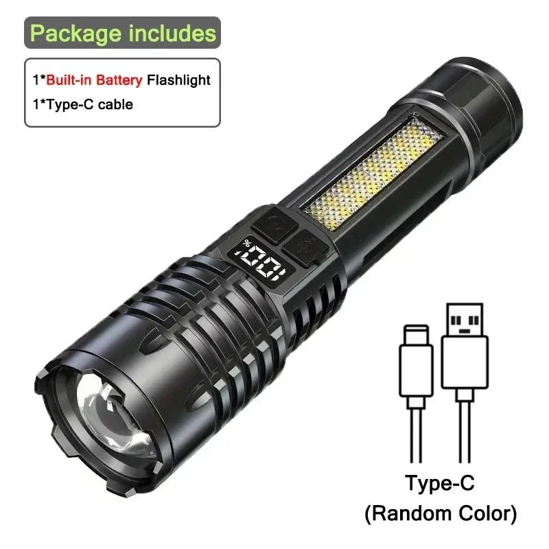 10000LM High Power LED Flashlight Powerful TYPE-C Rechargeable COB Flashlight With Side Light Torch For Outdoor Camping Hiking