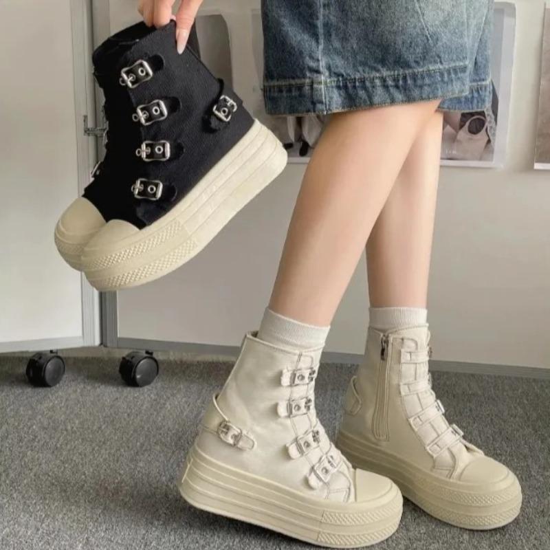 Classic Womens Canvas Shoes Fashion Casual High Top Boots Buckle Design Women Shoes Height Increasing Platform Shoes Ankle Boots