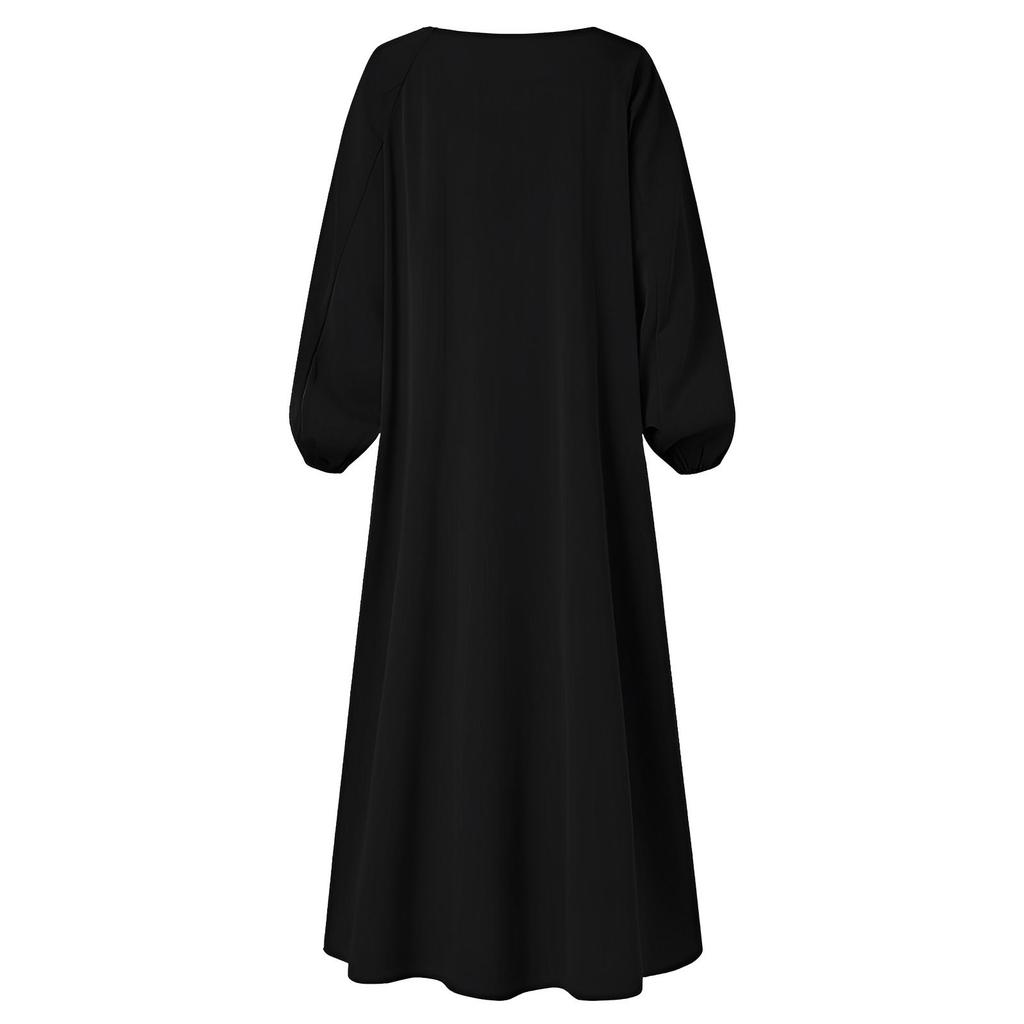 Women's Casual Loose Long Sleeve Round Neck Solid Color Robe Dress