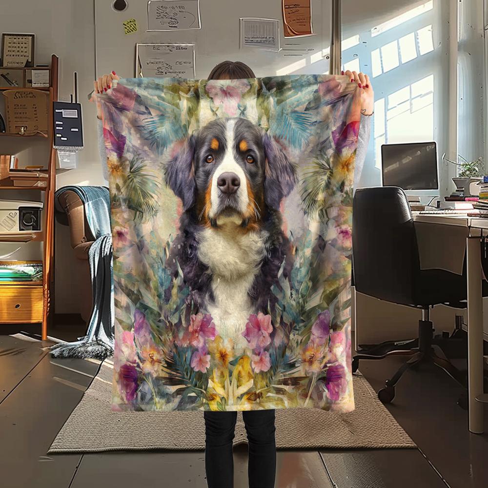 Bernese Mountain Dog and Flowers pattern Flannel Blanket, High quality Comfortable for All Seasons, Home Decor, Warmth and Comfort, Perfect for Gifts.