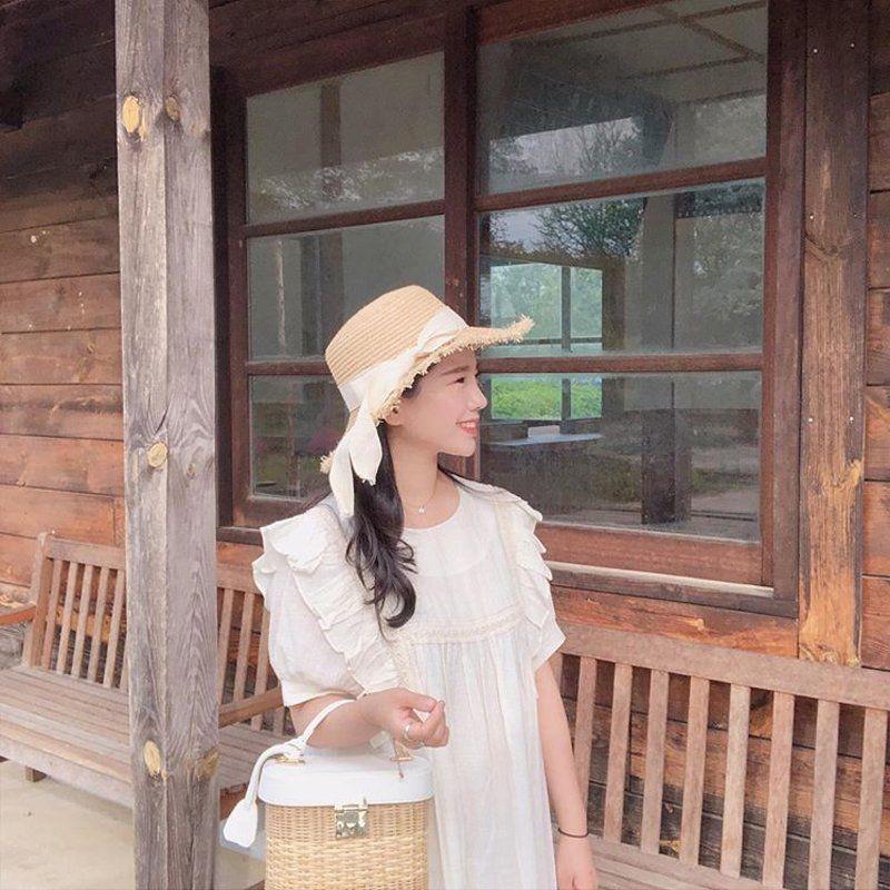 Rough Edge Flat Top Lafite Hat Female Bow Small Fresh Sun Protection Seaside Vacation Beach Sun Hat