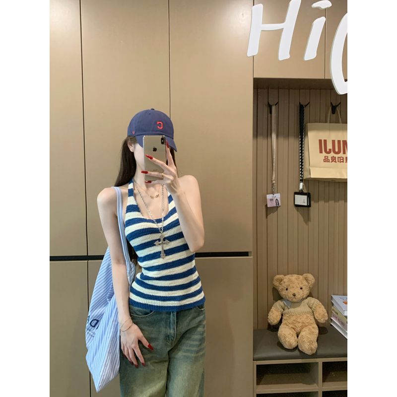 Kumikumi Gyaru Style Blue Stripe Sexy Temperament Halter Top Women Summer Waist Hugging Slimming Versatile Top