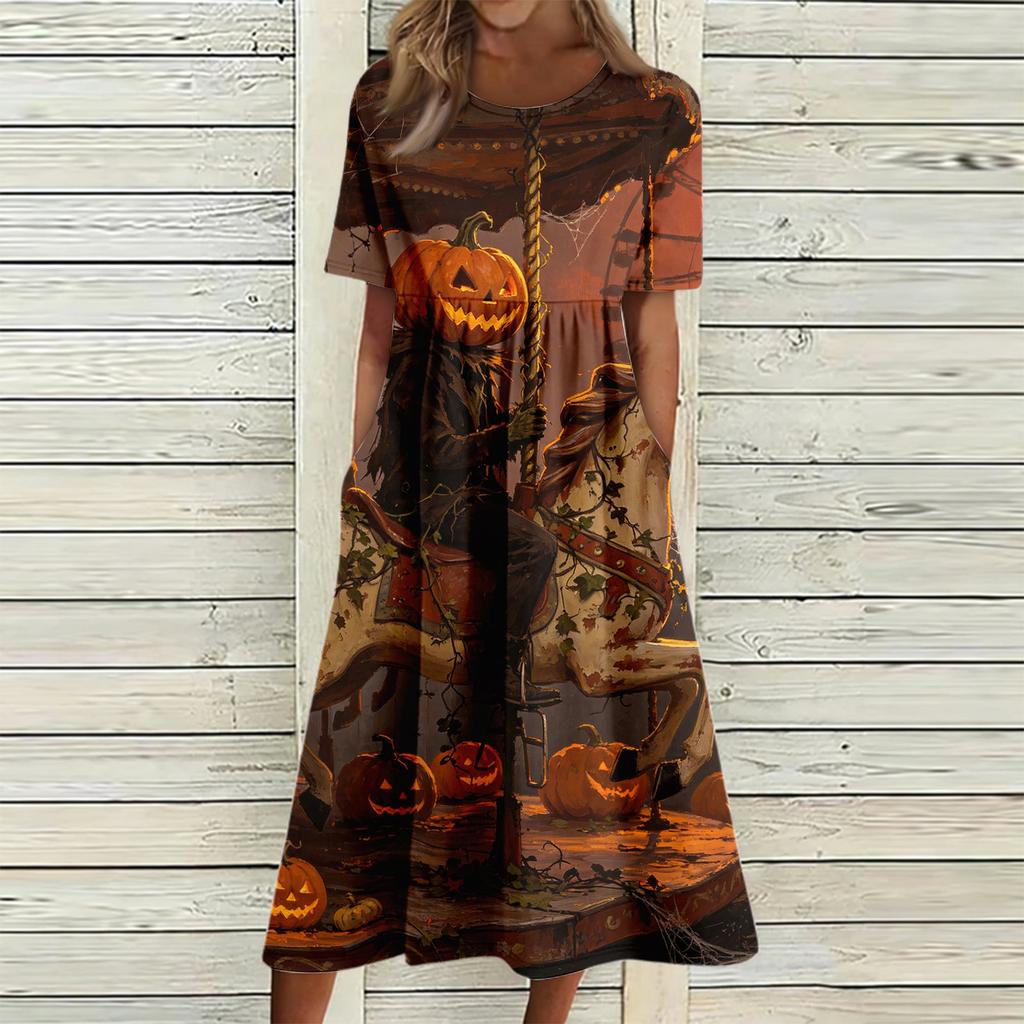 Women's Casual Round Neck Dress with Pockets Halloween Print for Party and Everyday Wear