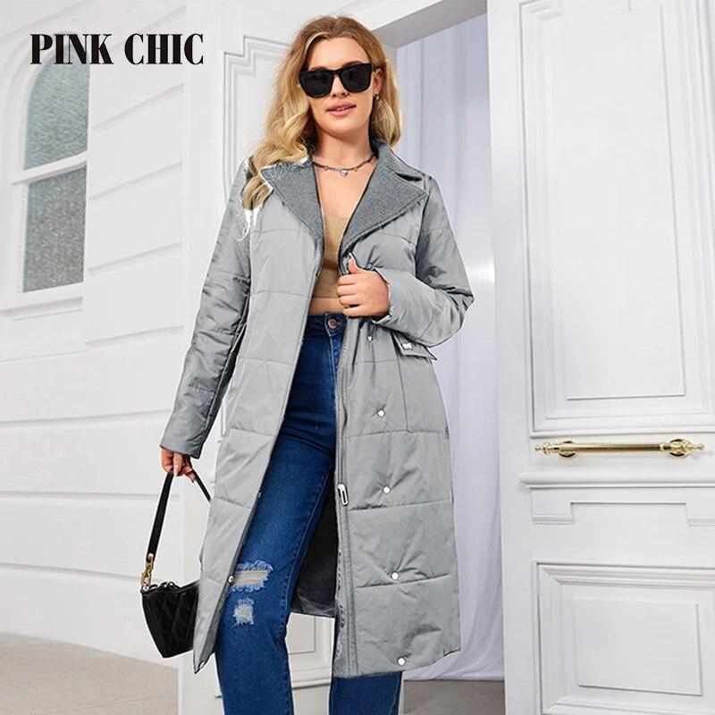 PINK CHIC Women's Spring Thin Cotton 2024 Padded Long Quilted Coat Women's Belt Warm Parka S3028
