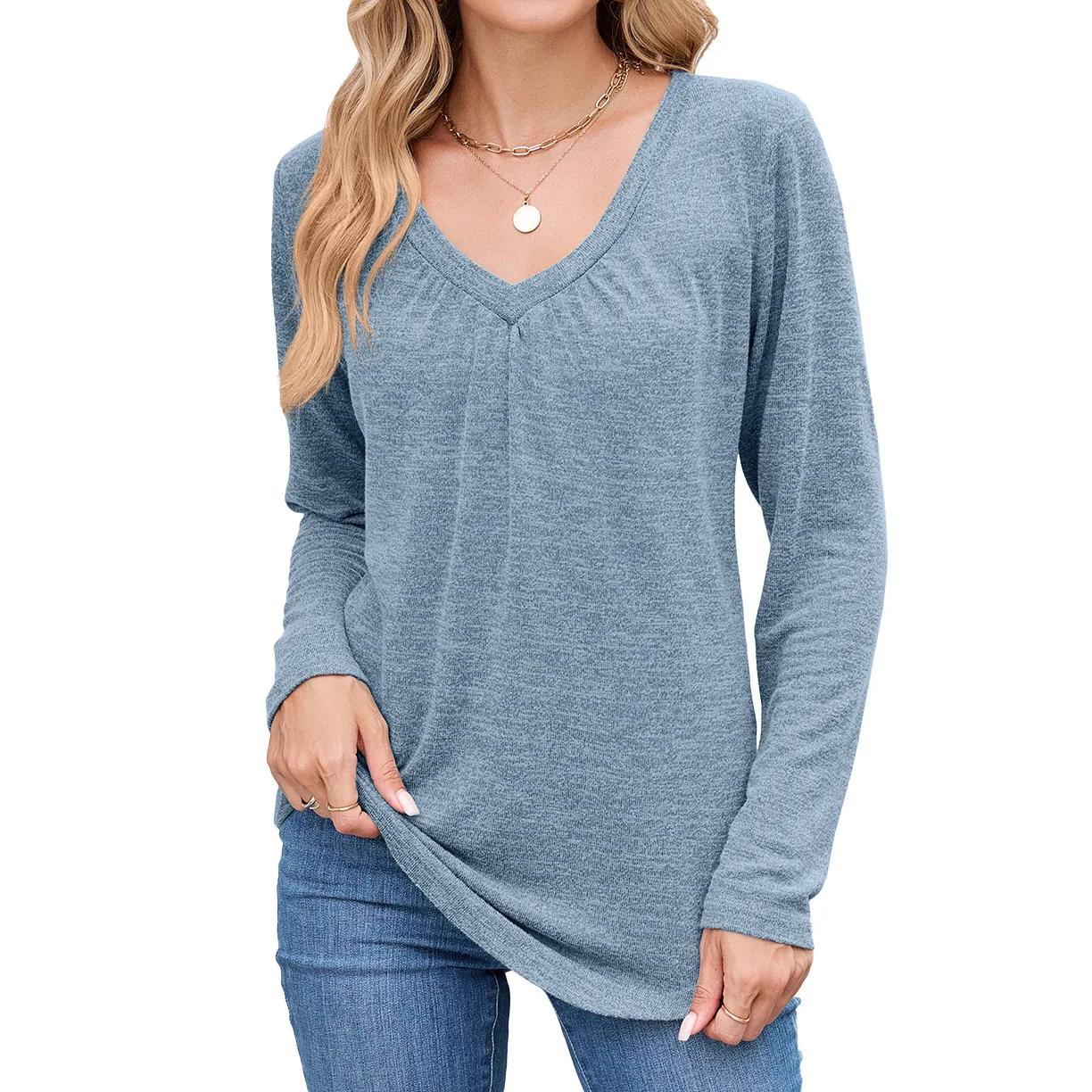 

Autumn Winter Women s Tees V Neck Loose Long Sleeve T-Shirt Women S светло-синий