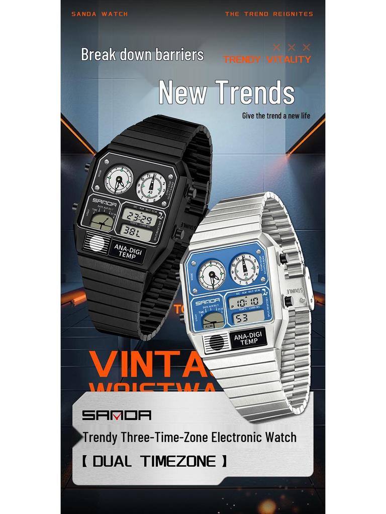 Sanda Waterproof Multifunctional Sports Watch with Temperature Alarm & Fashionable Design