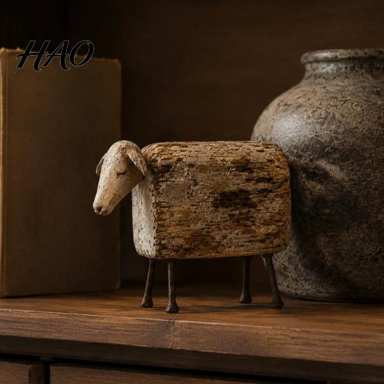 Distressed Wood Animal Sculpture Vintage Longhorn Bull/Sheep Sculpture, Rustic Farmhouse Figurine, Western Style Unique for Mantelpiece Decorative