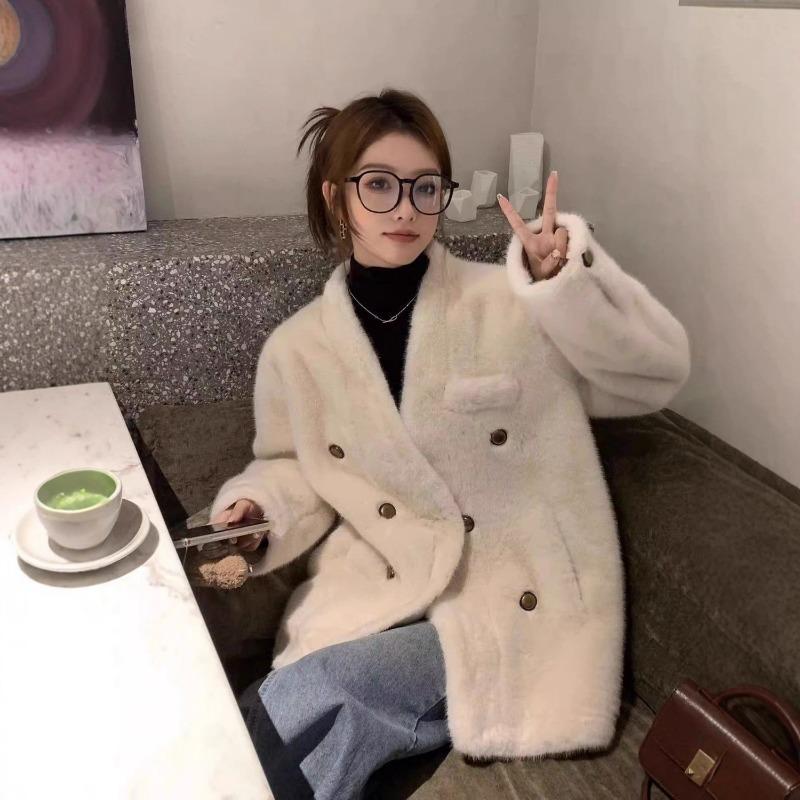 Cozy Faux Fur Coat for Women V Neck Double Breasted Casual Winter Outerwear