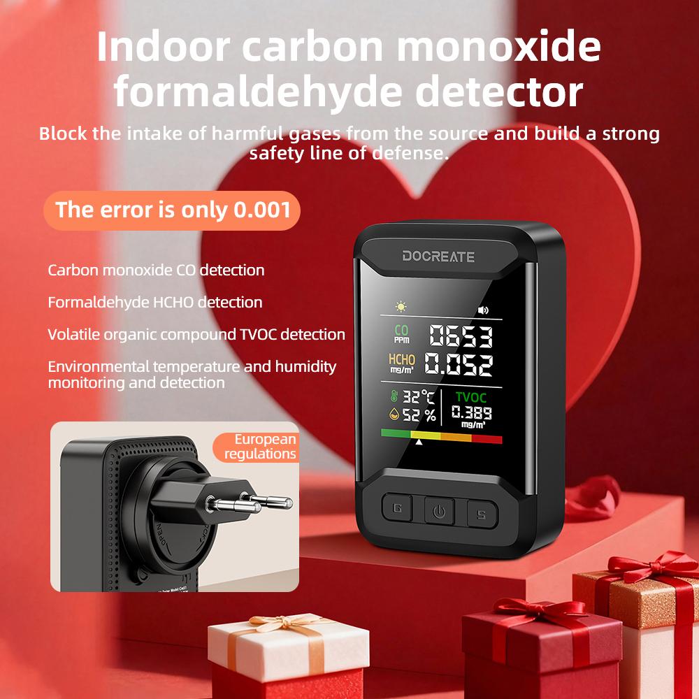 

Docreate 849A Carbon Monoxide CO Detector, VOCs & HCHO Sensor, Temperature & Humidity Monitoring, Alarm Feature - EU/US Plug