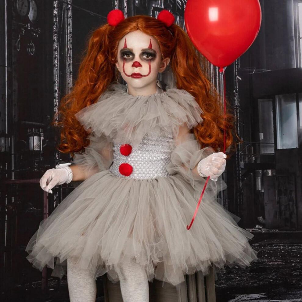 Pennywise Costume Kids Girls, Halloween Clown IT Cosplay Tutu Dresses With Gloves And Red Hairpin, Children Fancy Dress Clothing For Carnival Party Ho