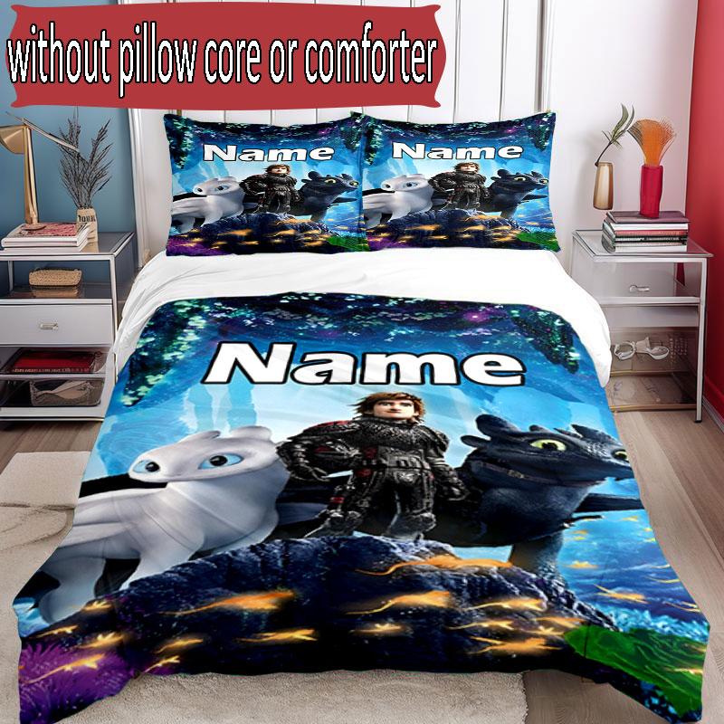 3pcs Duvet Cover Set (1*Duvet Cover + 2*Pillowcase, Without Core), Custom Name How to Train Your Dragon Pattern Bedding Set, Home Bedroom Decor Gift