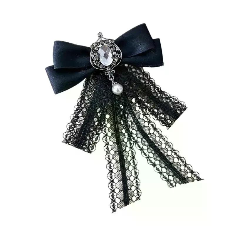 Vintage Edwardian Style Lace Bow Tie Brooch Ribbon Bowknot Suit Collar Corsage Pin Mourning Jewelry Accessory