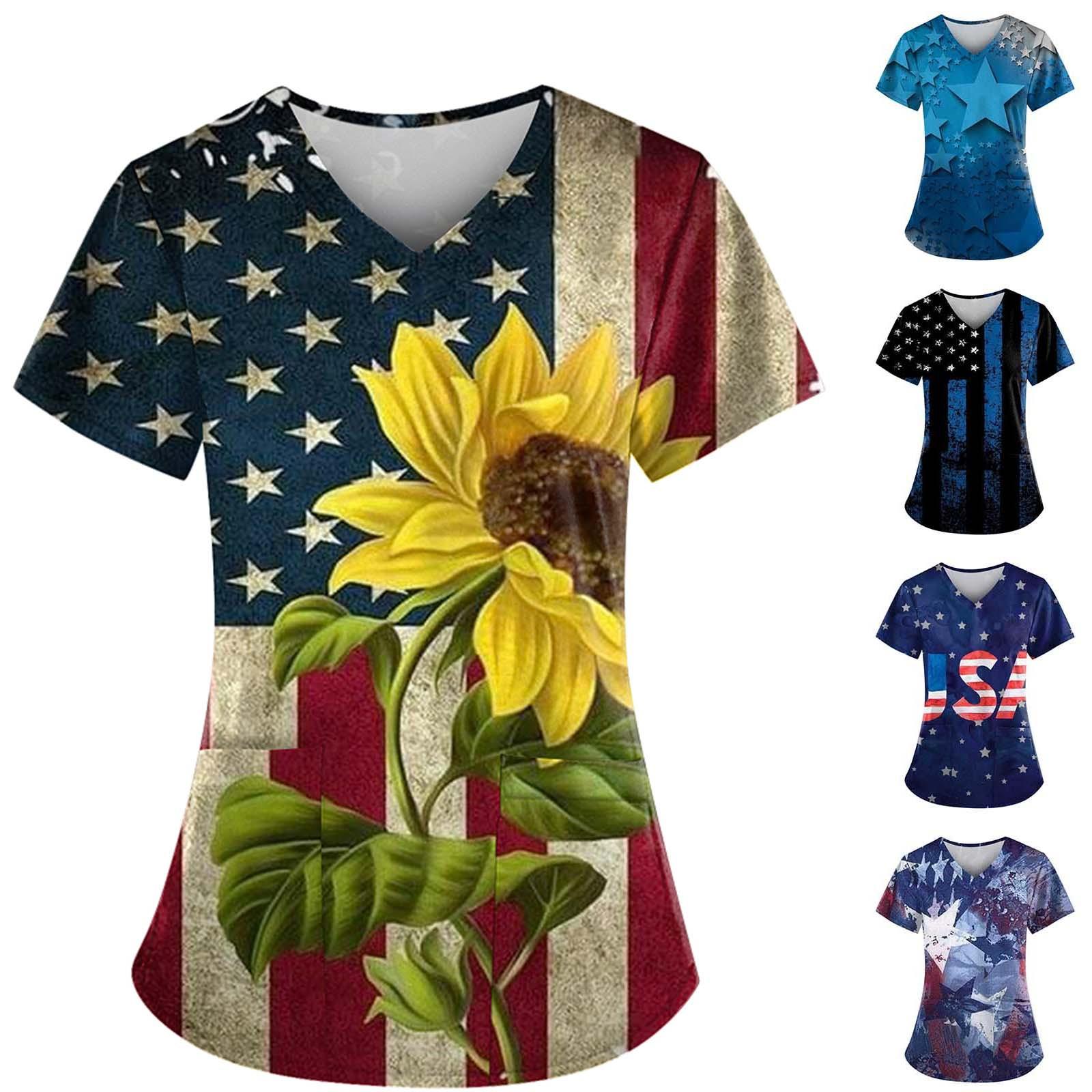 

Женские свободные топы с короткими рукавами на День независимости. Повседневные топы больших размеров с V-образным вырезом и короткими рукавами. Повседневные летние футболки. Женские топы. Футболки. Спецодежда.