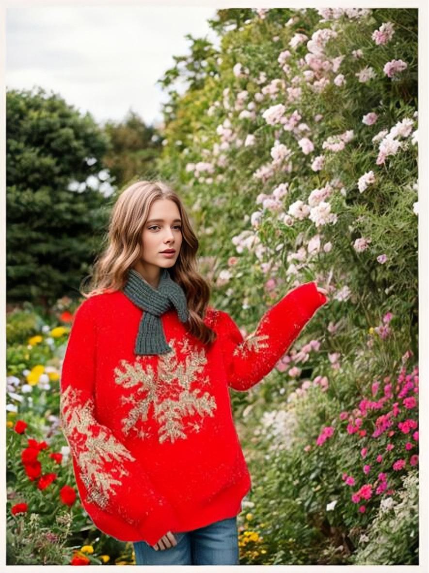 

Рождественский свитер-пуловер с круглым вырезом и оленями - Красный, Европейский и американский стиль, Коллекция Осень/Зима. XL