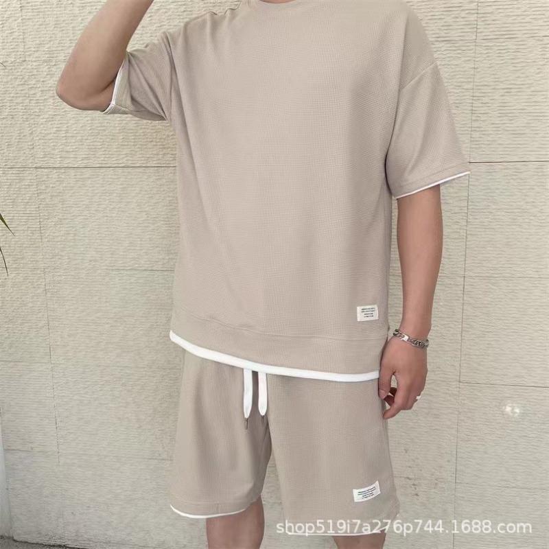 New Waffle Suit Men's Summer Explosion Short-sleeved T-shirt Men's Fake Two-piece Five-point Pants Suit Spot Batch Ropa