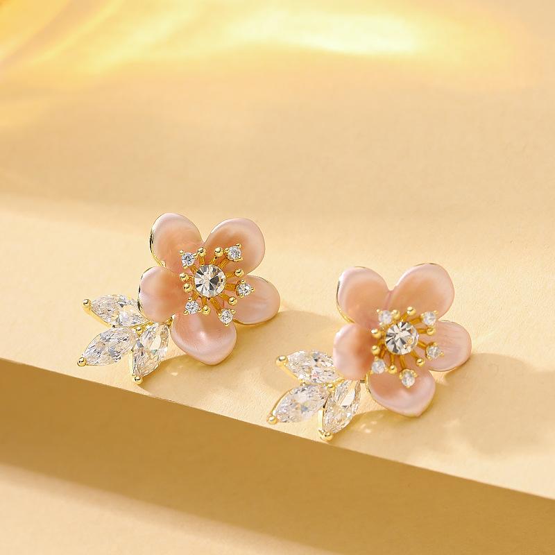 Mori Sweet Temperament Small Fresh Dripping Oil Inlaid Zircon Flower Earrings Women's Light Luxury Simple High-end Super Fairy Earrings