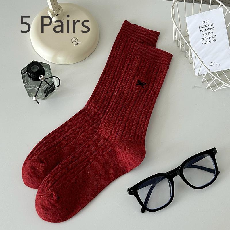 

5 пар симпатичных женских носков средней высоты с вышитым бантом на весну и осень 5 Pairs красный