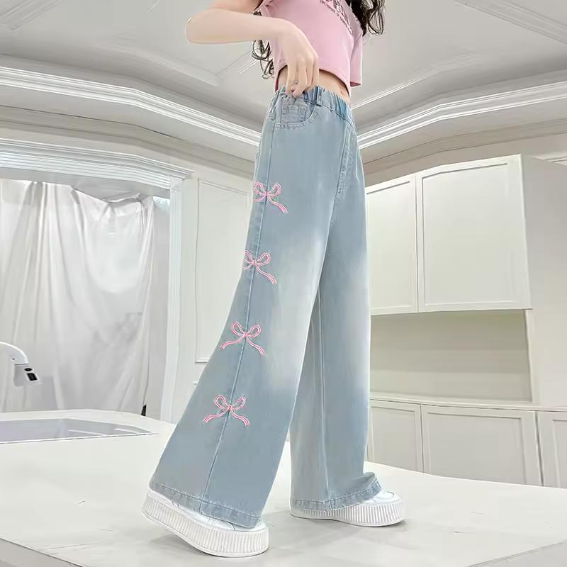 Girls' Side Pink Bow Embroidered Wide-leg Pants Summer Thin Style Slim Straight Pants Suitable for Outdoor