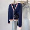 College Style V-Neck Color Block Wool Cardigan Women's Slimming Cable Knit Sweater Coat