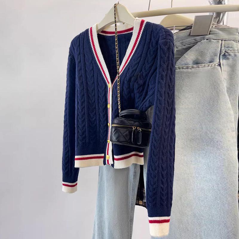 College Style V-Neck Color Block Wool Cardigan Women's Slimming Cable Knit Sweater Coat