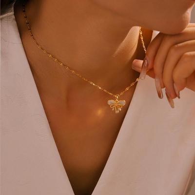 French Tassel Shell Copper Pendant with Double Bow In 18k Gold-Plated Titanium Steel Clavicle Chain – Fairy Style Design