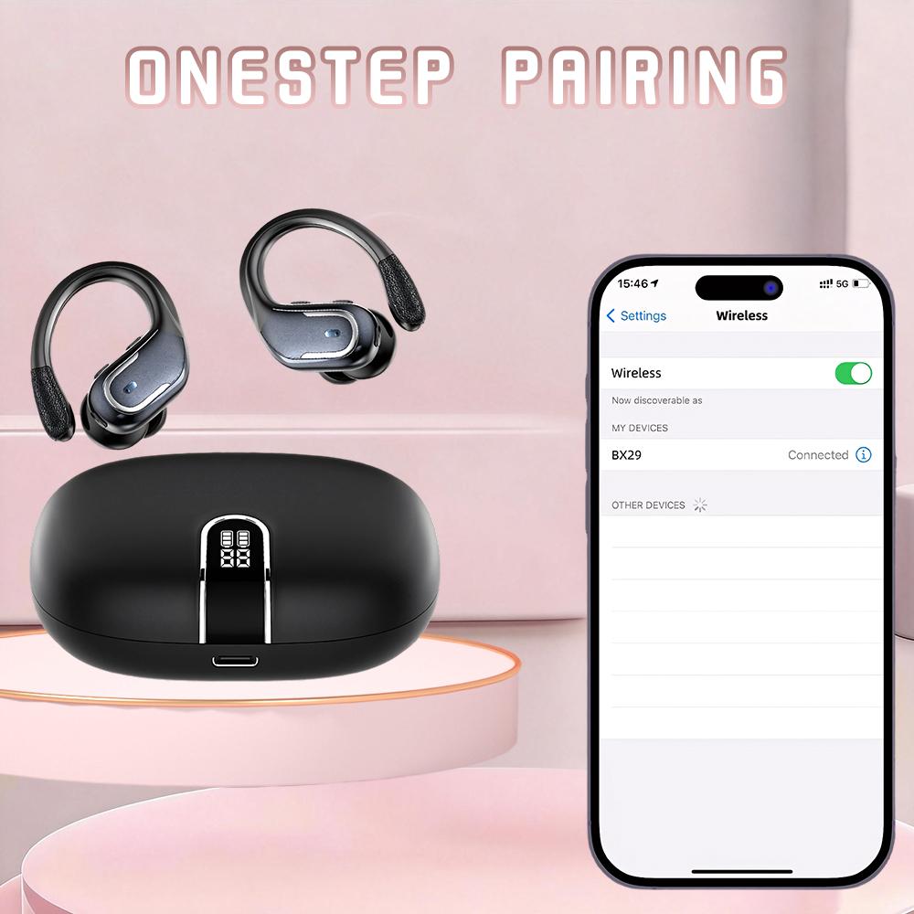 Wireless Bluetooth 5.4 Earbuds with Ear Hooks, 90H Playtime, ENC Noise Cancelling Mic, 3D Deep Bass, Semi-Open Sports Headphones for iOS & Android