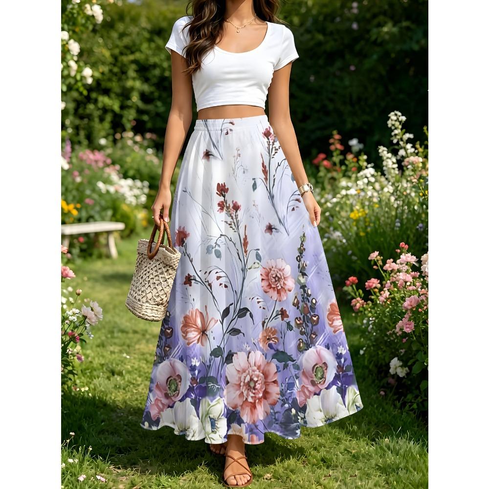 Summer Women'S Fashion Versatile Style Half-Length Skirt, Light Purple Base Floral