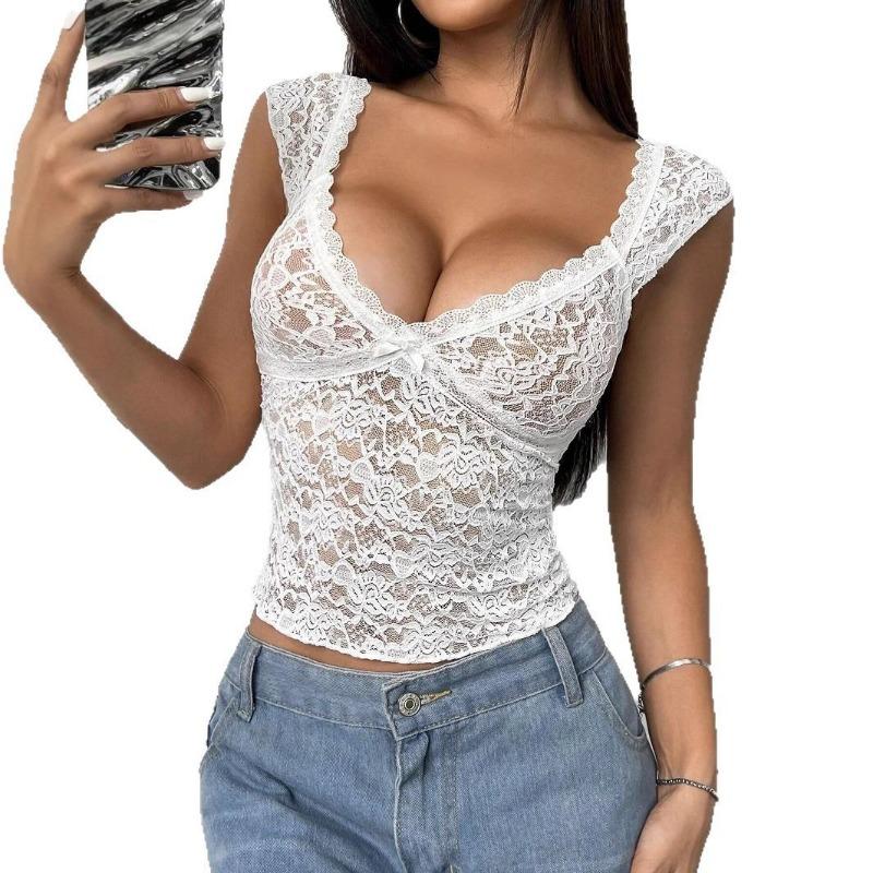 Um Novo Top Curto de Verão Sexy de Renda com Decote em V Transparente Modelador e Justo ao Corpo