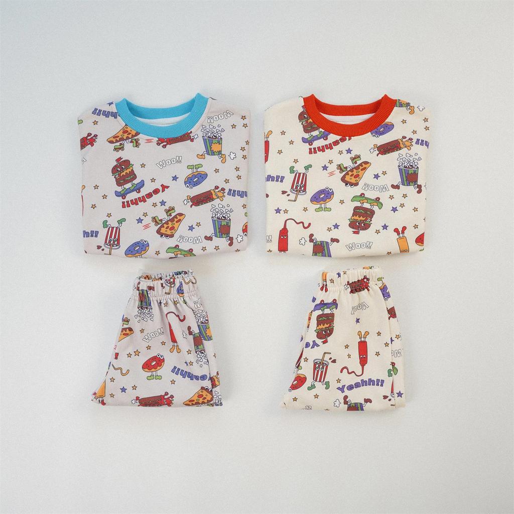 2025 Autumn Kids' Cartoon Pizza Hoodie & Pants Set - European Style, Full Print