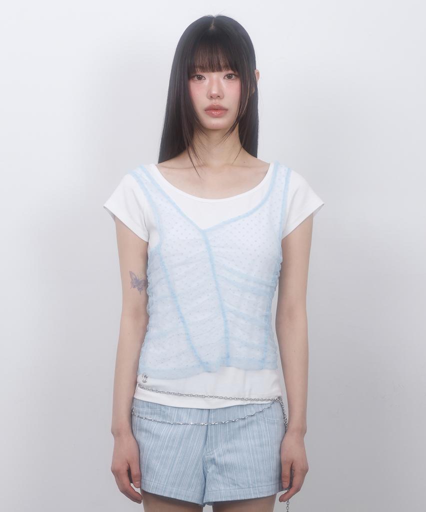 LMR Two-Way Lace Shirred Layered Short Sleeve T-Shirt Ivory / Sky Blue