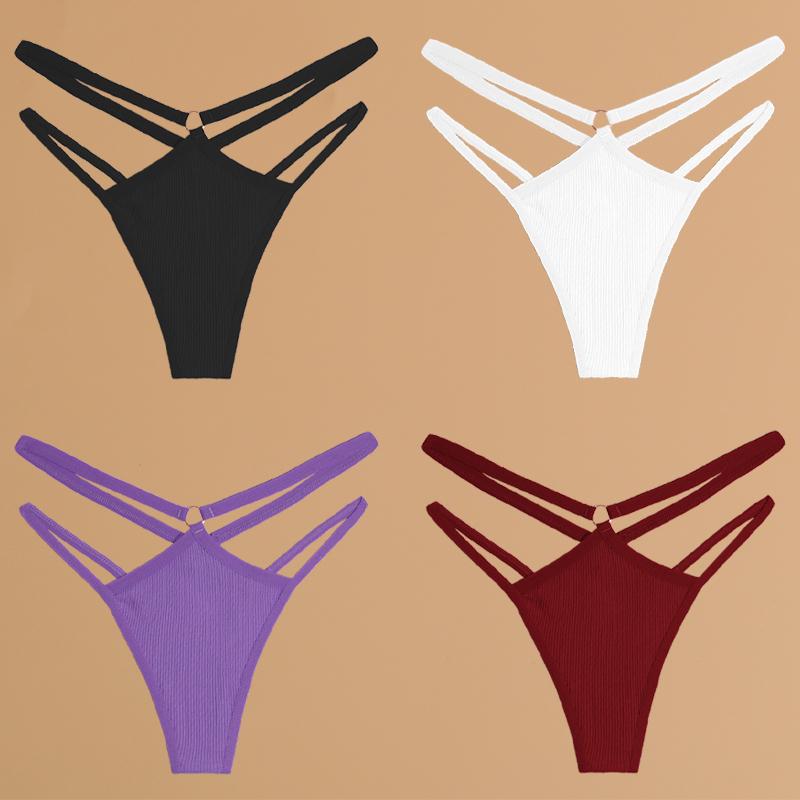 FINETOO 4-teilige Unterwäsche aus Baumwolle mit doppeltem, dünnem Gürtel für Frauen, sexy, niedrige Taille, gestreifte Tangas, einfarbige Damenhöschen, atmungsaktive Dessous