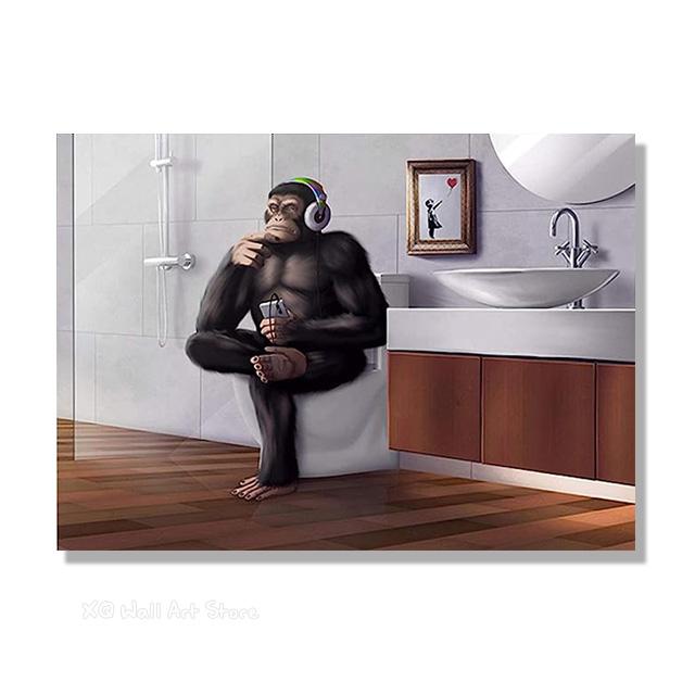 Monkey Sitting On The Toilet Thinking Canvas Painting Abstract Animal Poster Prints Wall Art Picture Living Room Decor Frameless
